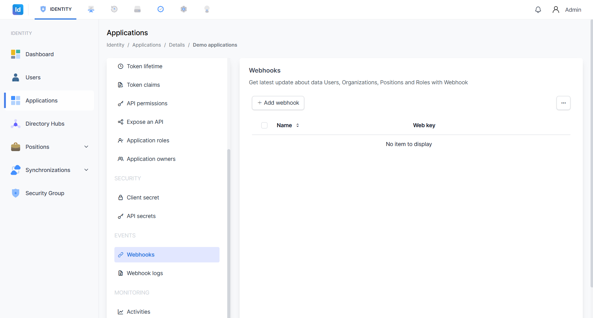 Halaman utama Webhooks dalam kondisi kosong, menampilkan tombol + Add webhook dan kolom Name serta Web key