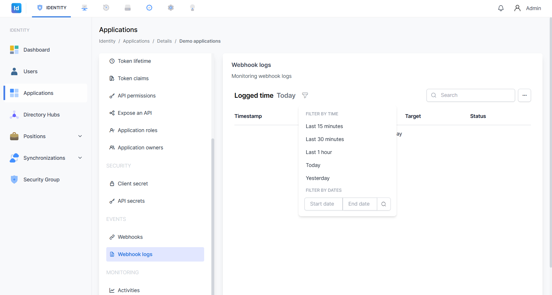 Panel filter Webhook logs menampilkan opsi Filter by Time (Last 15 minutes, Last 30 minutes, Last 1 hour, Today, Yesterday) dan Filter by Dates dengan input Start date dan End date
