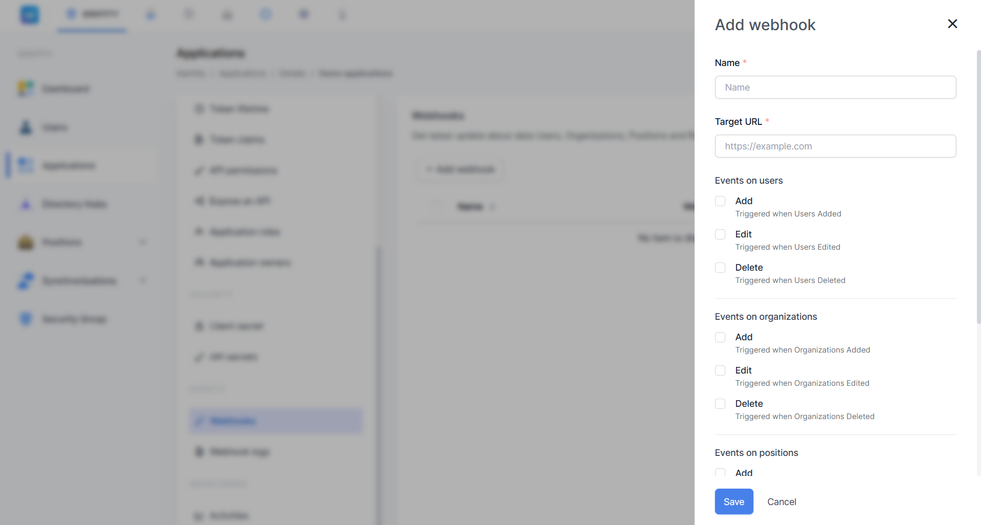 Form Add webhook menampilkan field Name, Target URL, dan pilihan Events on users dengan opsi Add, Edit, Delete