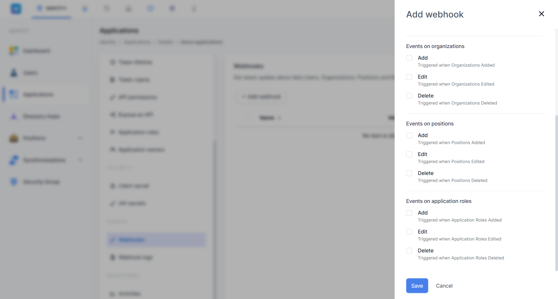 Form Add webhook bagian bawah menampilkan pilihan Events on organizations, Events on positions, dan Events on application roles