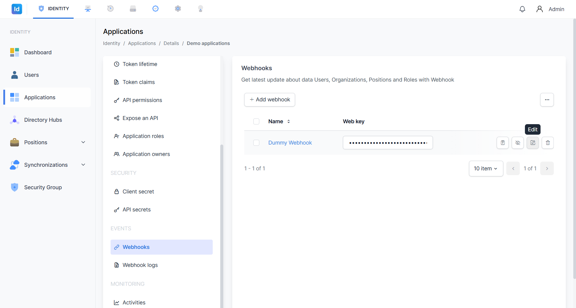 Daftar webhook menampilkan Dummy Webhook dengan tooltip Edit yang muncul pada ikon edit di sebelah kanan