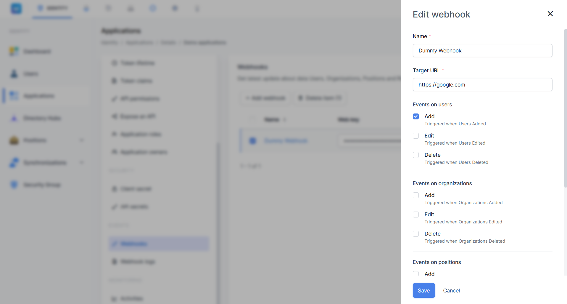 Panel Edit webhook menampilkan form yang sudah terisi dengan nama Dummy Webhook, URL https://google.com, dan checkbox Add pada Events on users dalam kondisi tercentang