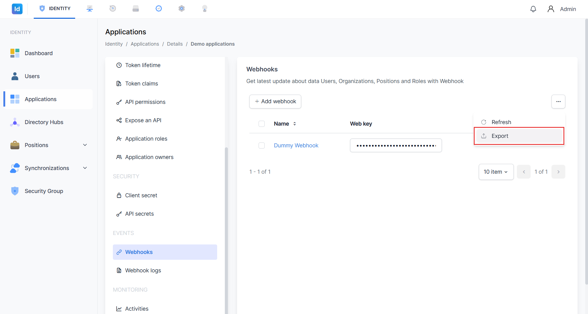Menu dropdown muncul menampilkan opsi Refresh dan Export, dengan opsi Export tersorot/terpilih