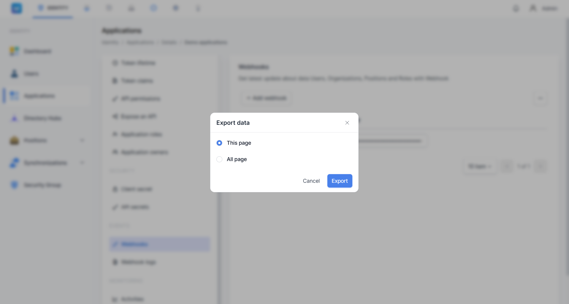 Dialog Export data menampilkan dua pilihan radio button: This page (terpilih) dan All page, dengan tombol Cancel dan Export