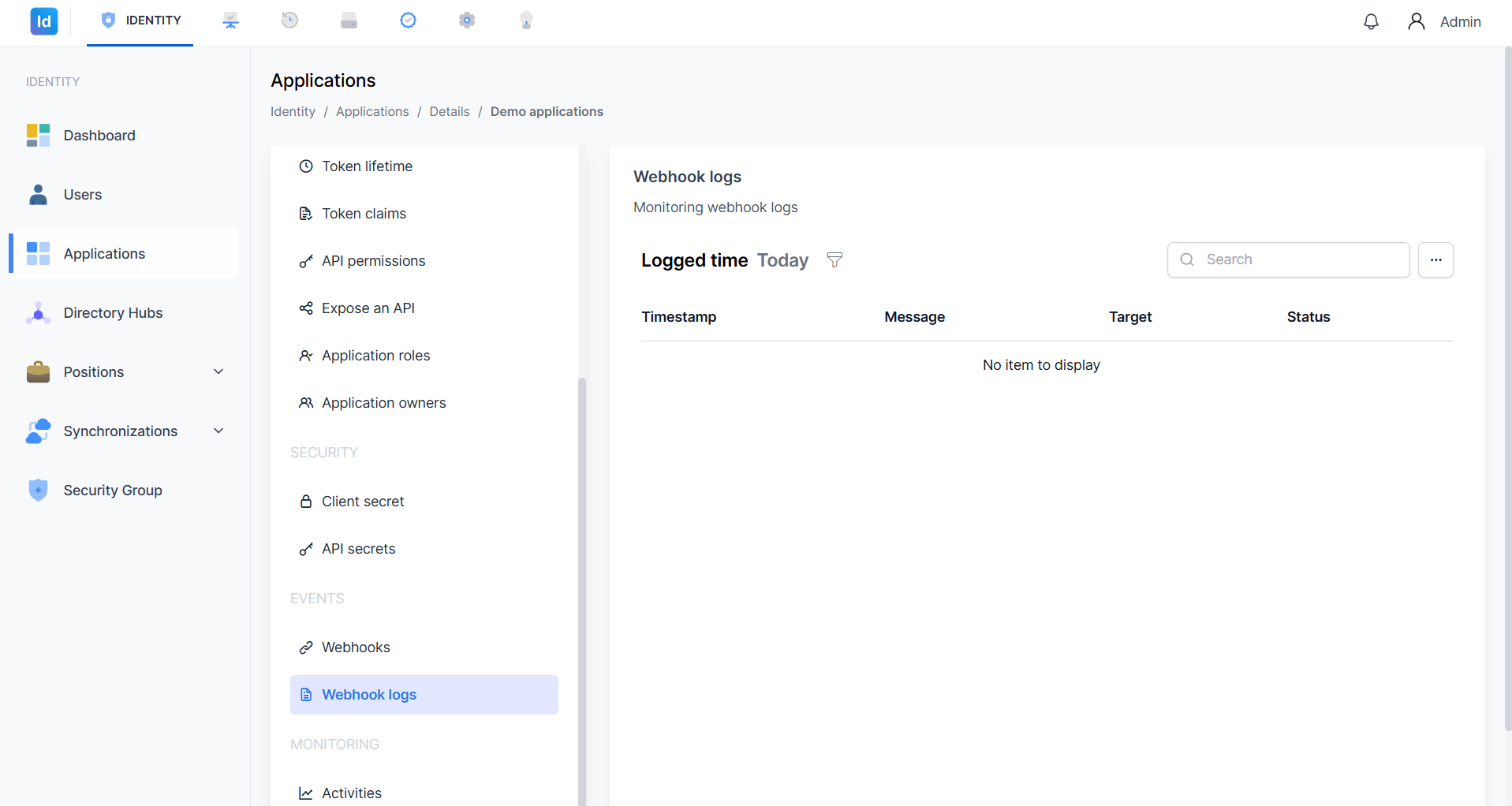 Halaman Webhook logs dalam kondisi kosong menampilkan kolom Timestamp, Message, Target, dan Status dengan keterangan No item to display