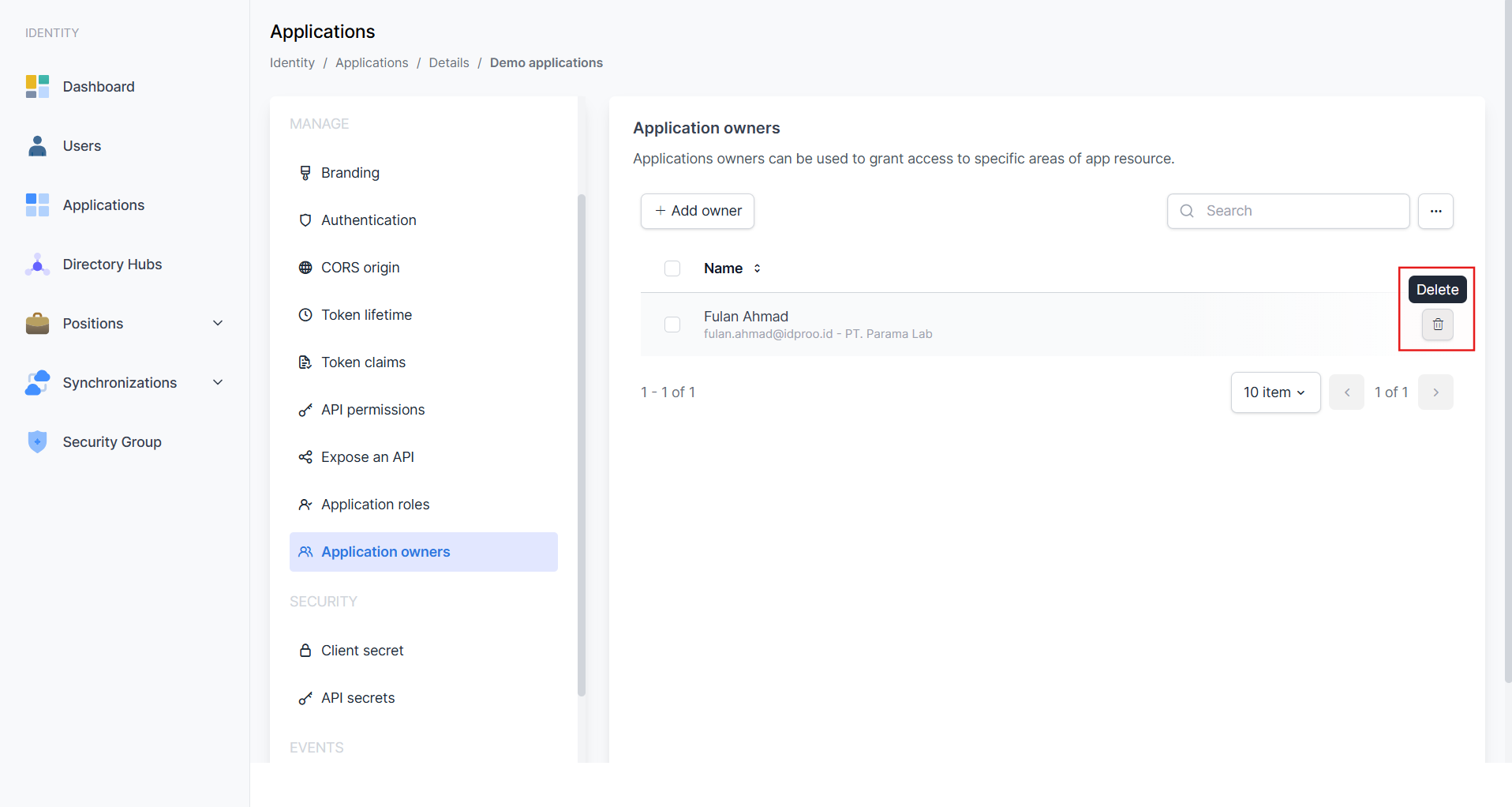 Application Owners - Tombol Delete Owner