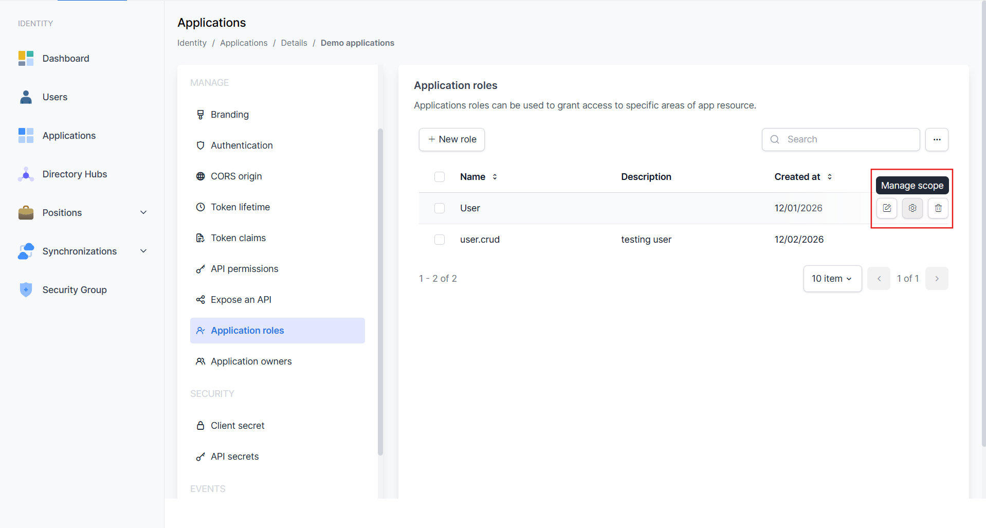 Application Roles - Tombol Manage Scope