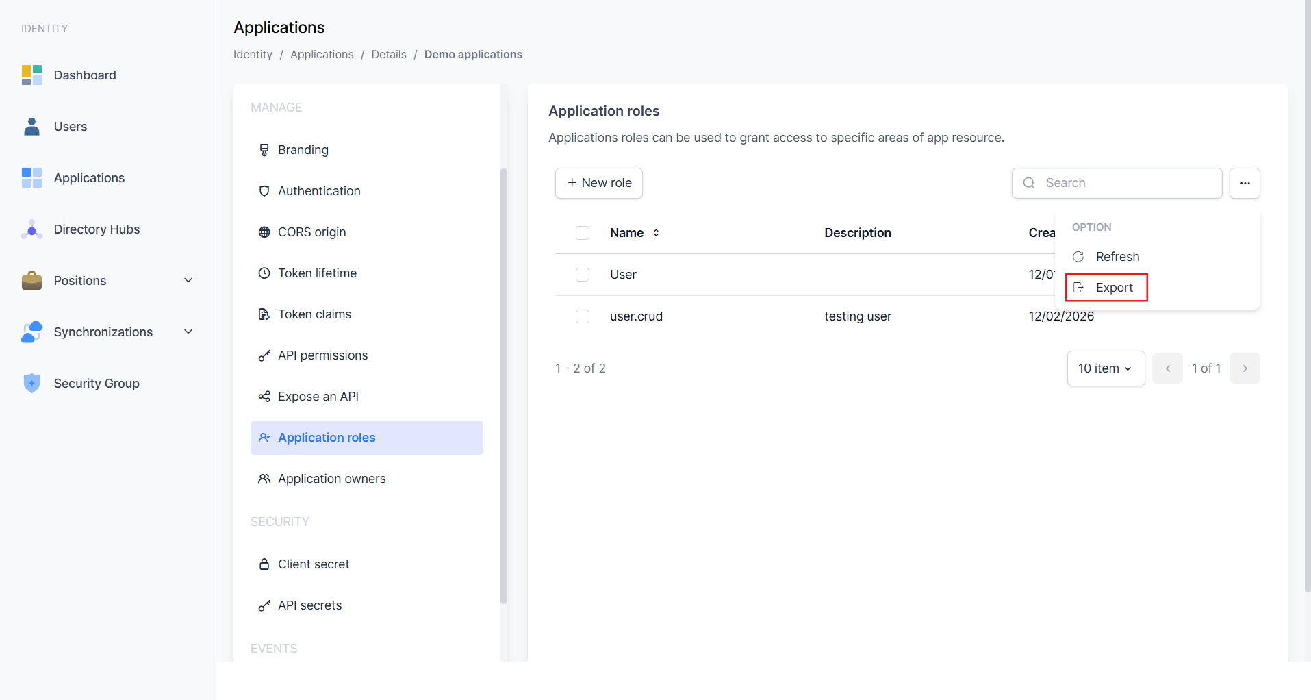 Application Roles - Menu Opsi Export