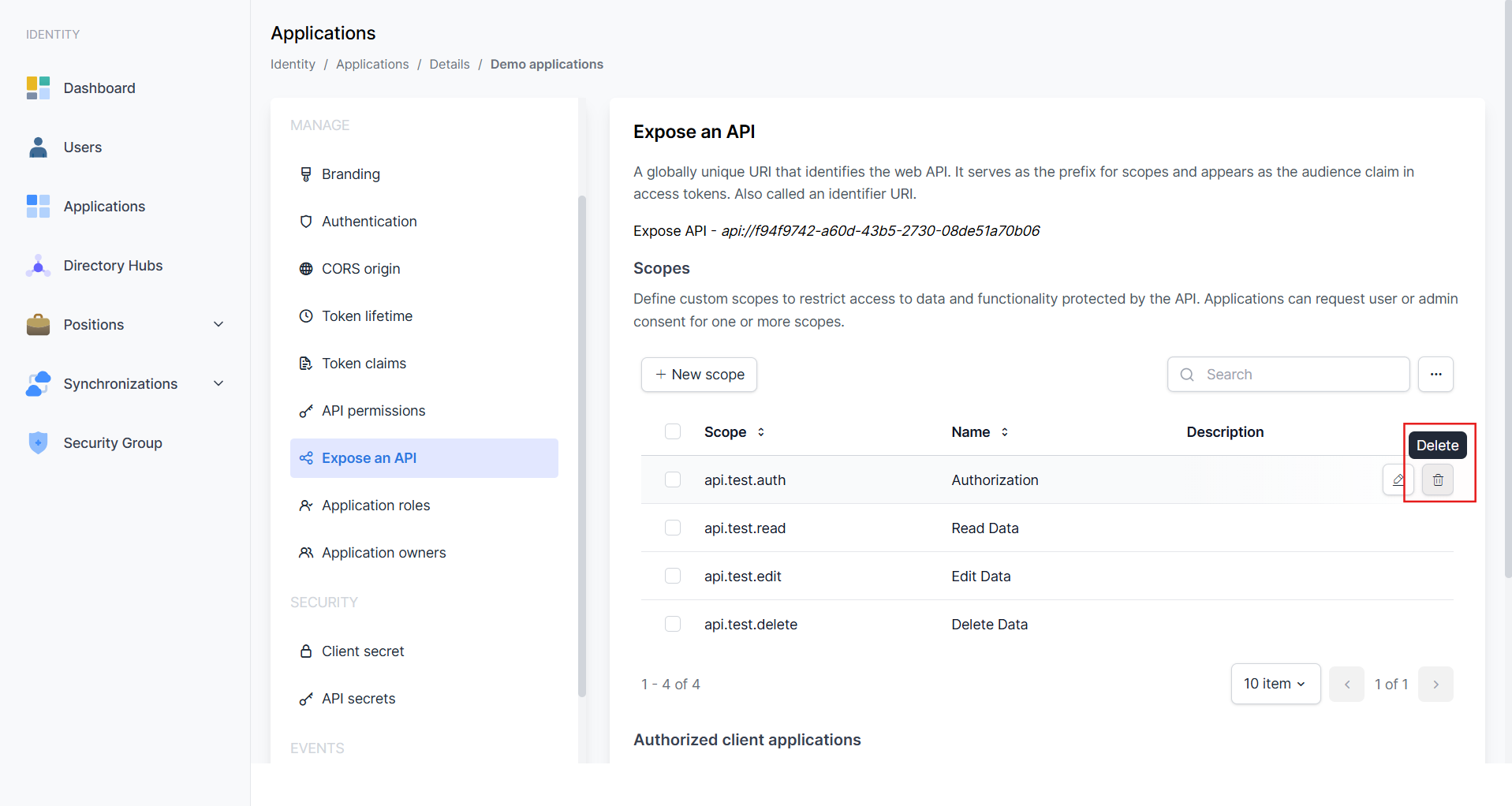 Expose an API - Tombol Delete Scope
