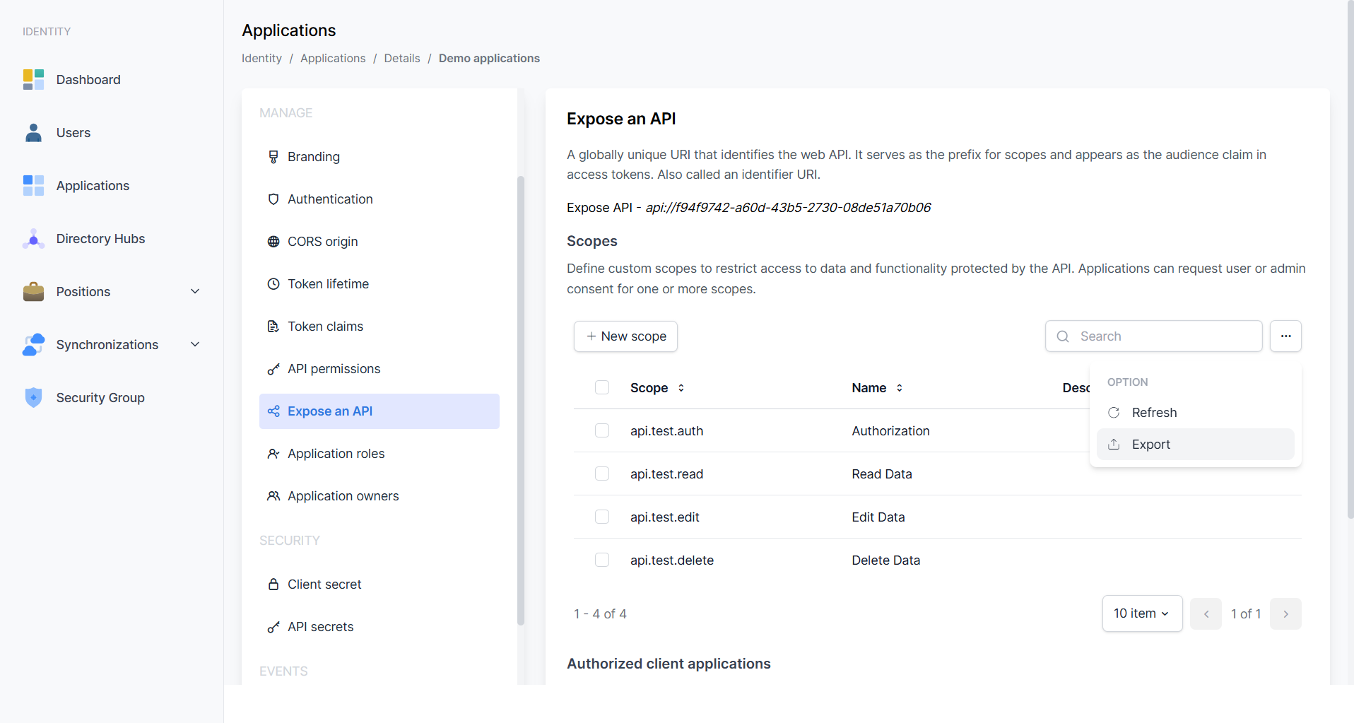 Expose an API - Menu Opsi (Refresh & Export)