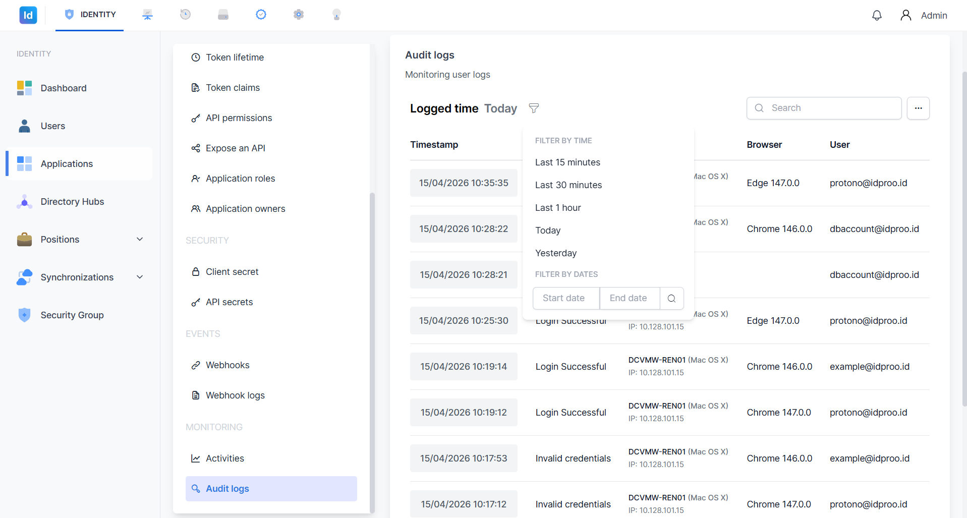 Filter Audit Logs – Dropdown Pilihan Waktu
