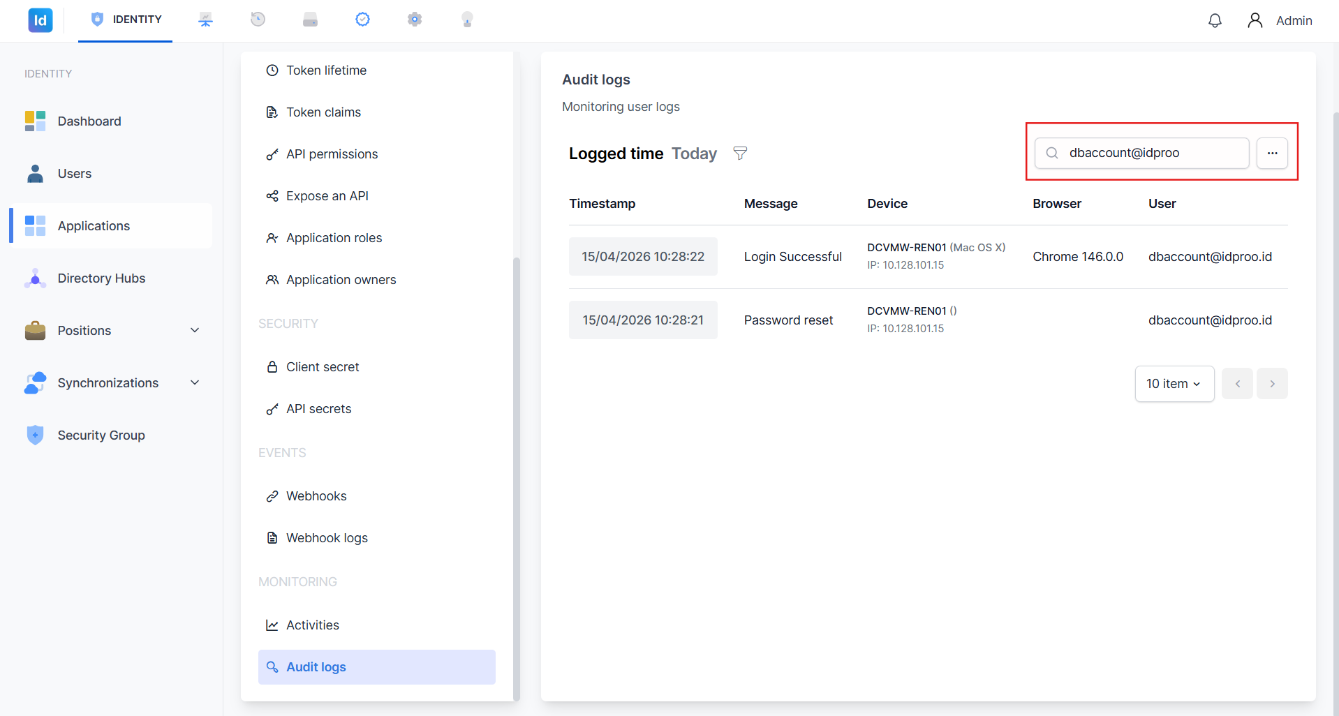 Pencarian Audit Logs – Filter by User