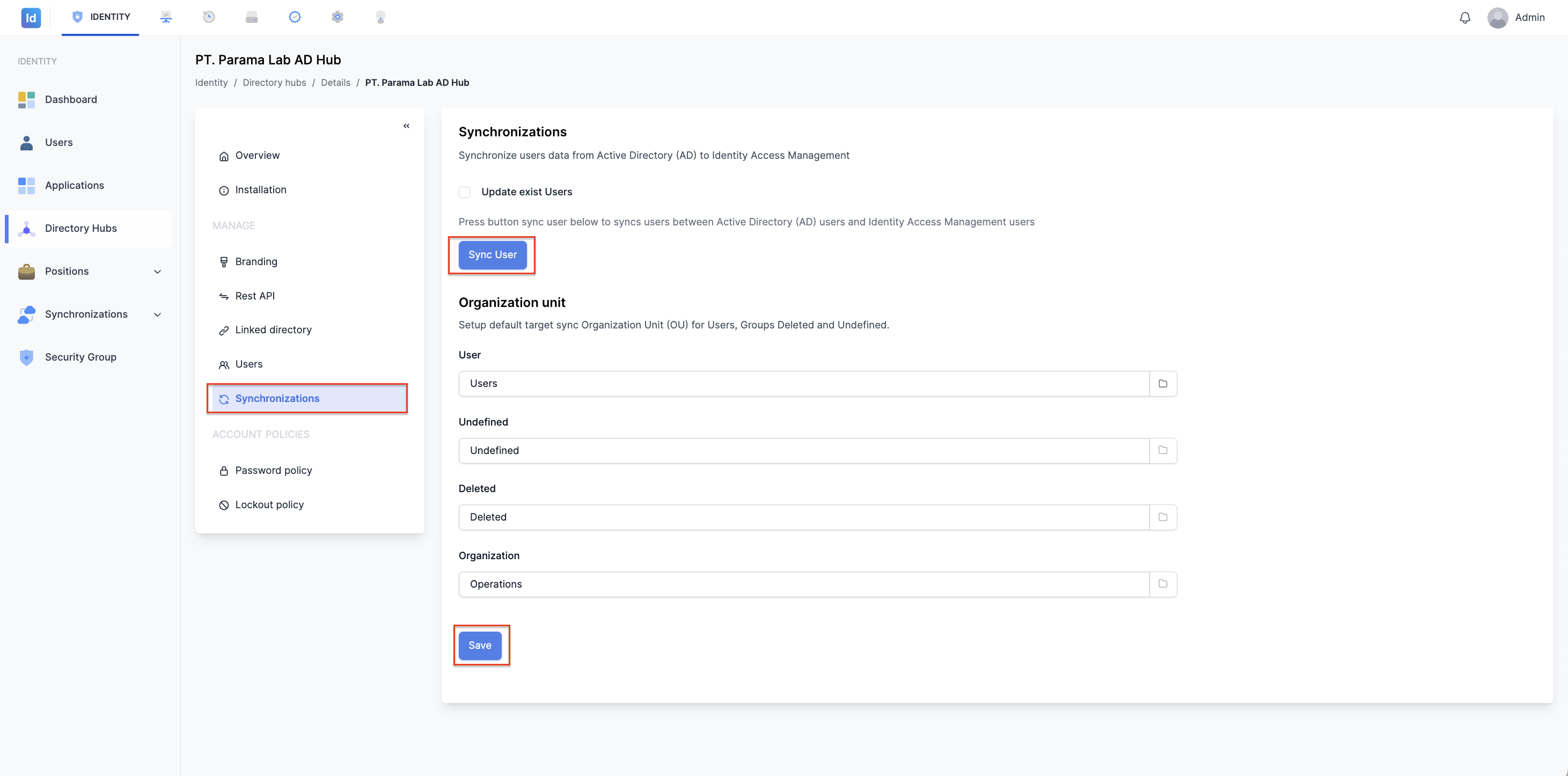 Tab Synchronizations pada Halaman Detail Directory Hub