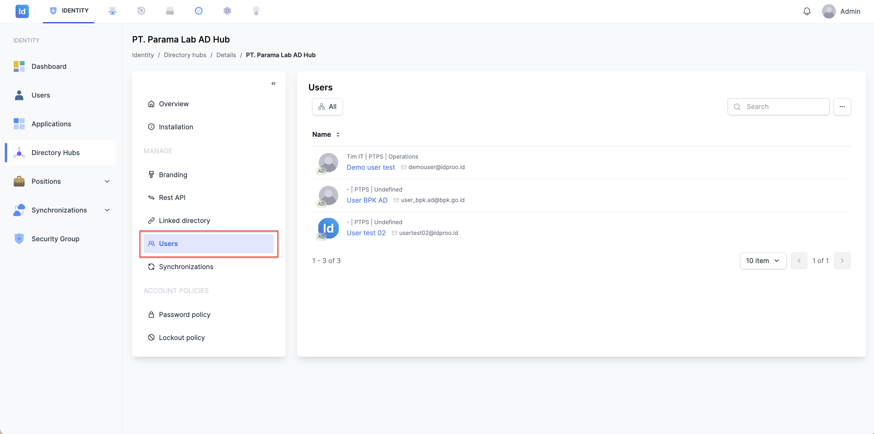 Tab Users pada Halaman Detail Directory Hub