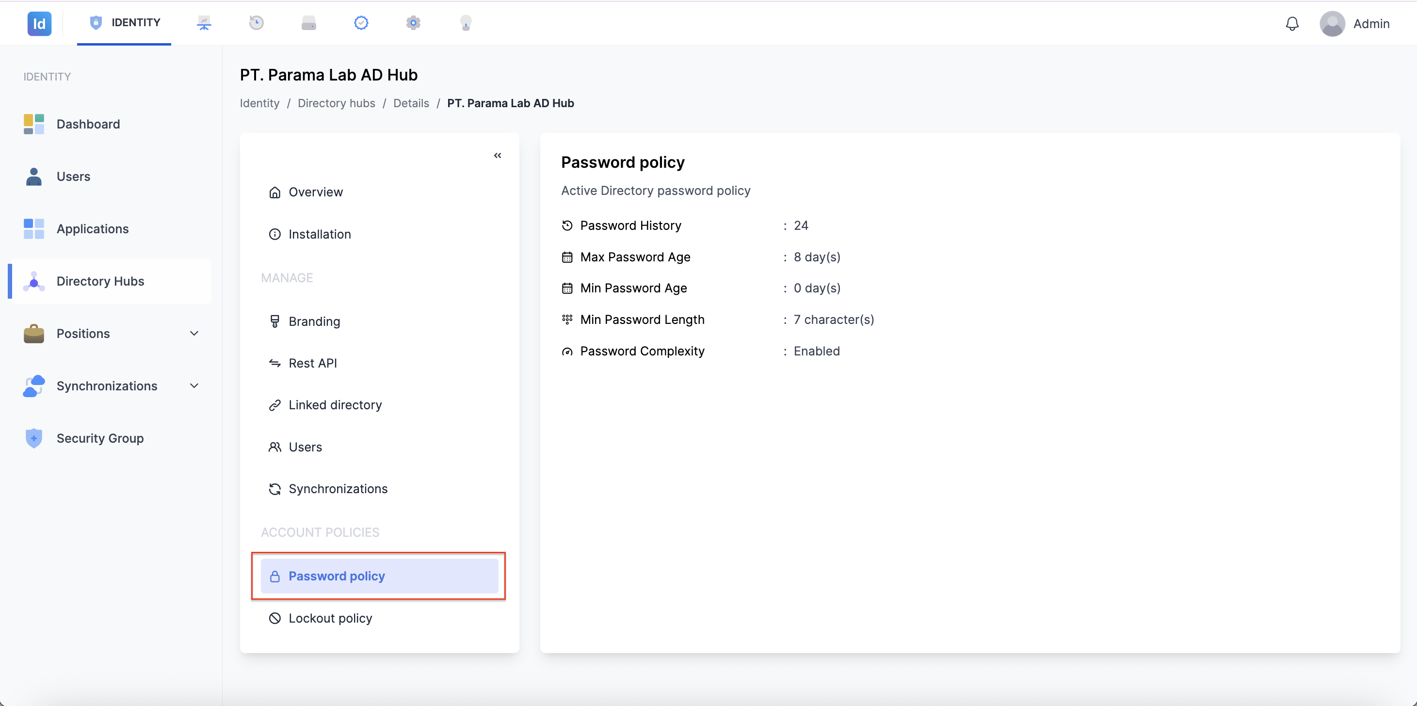 Tab Password Policy pada Halaman Detail Directory Hub