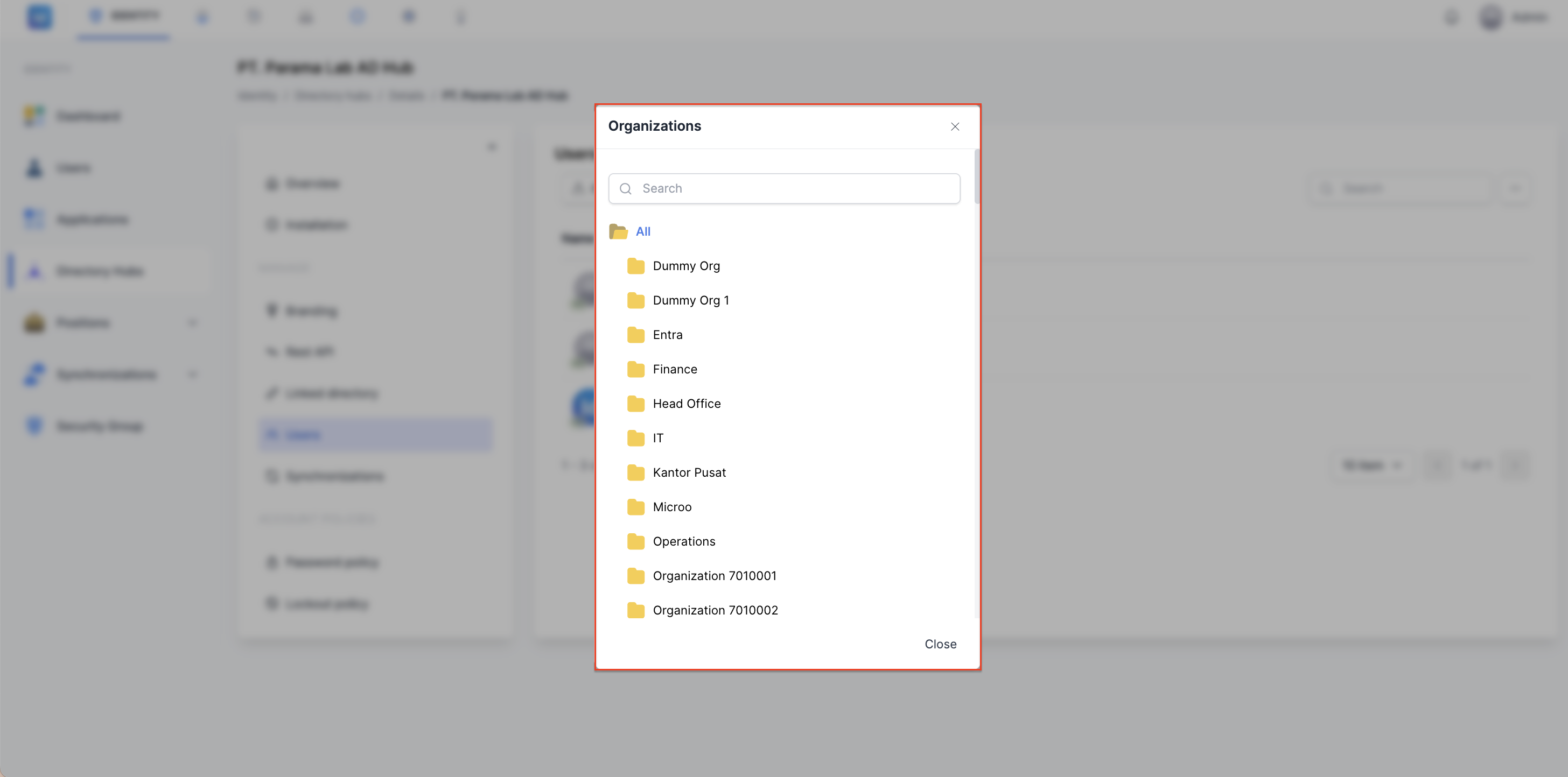 Dialog Organizations untuk Filter Pengguna