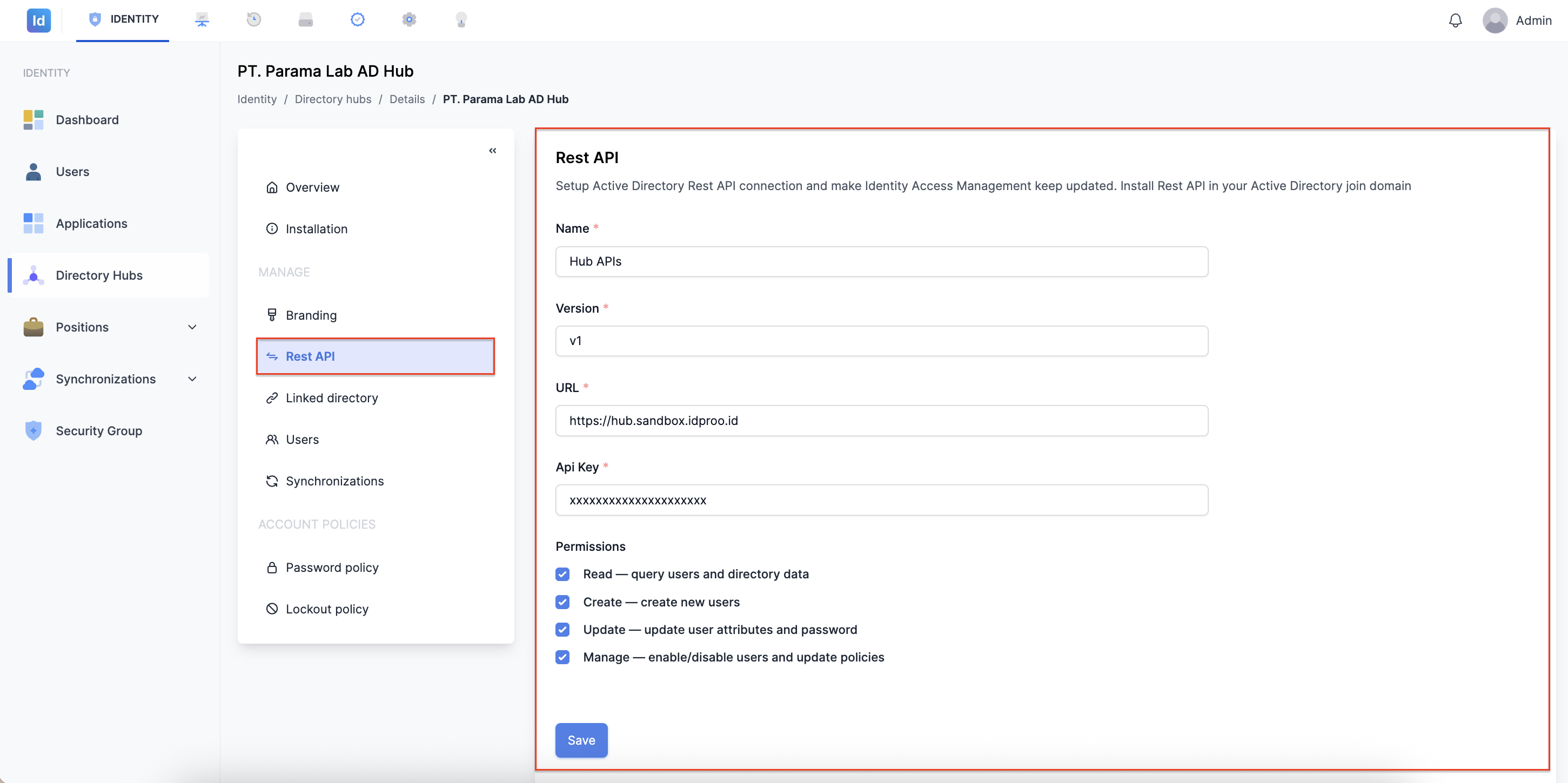 Tab Rest API pada Halaman Detail Directory Hub