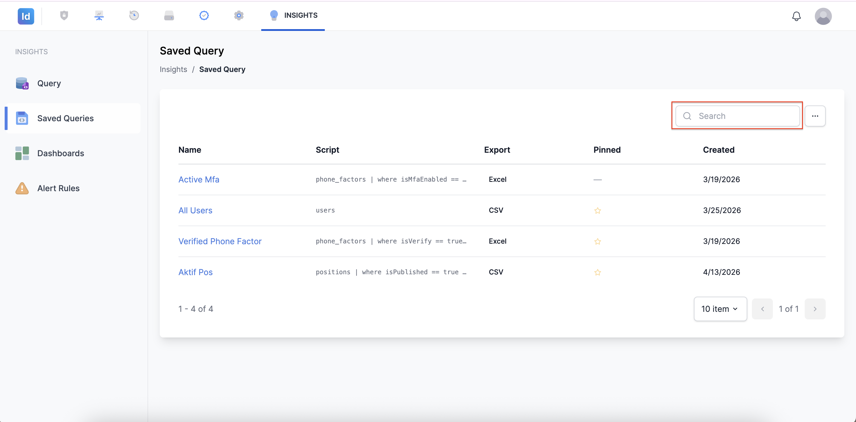 Kolom pencarian Saved Queries