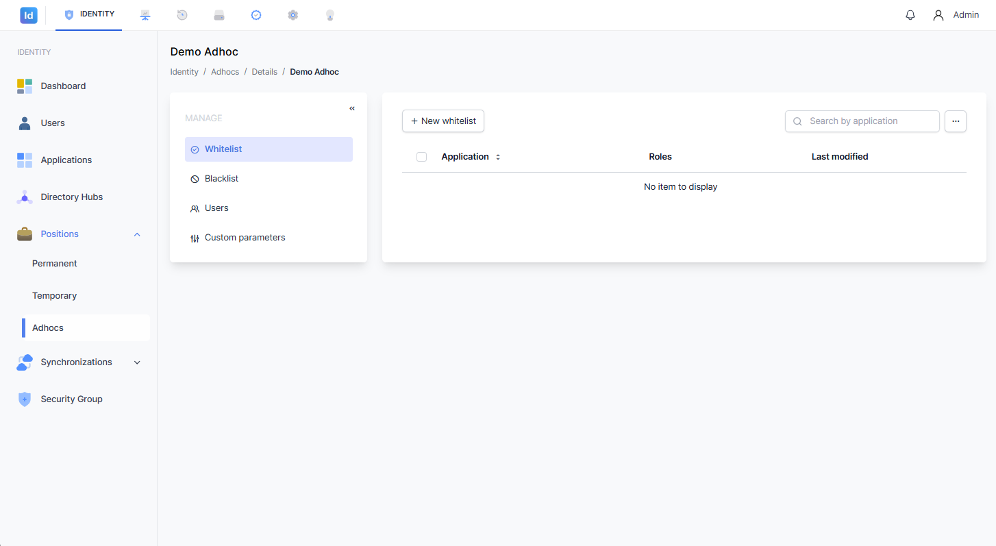Halaman detail Jabatan Adhoc menampilkan sidebar menu Manage dengan empat sub-menu: Whitelist, Blacklist, Users, dan Custom parameters