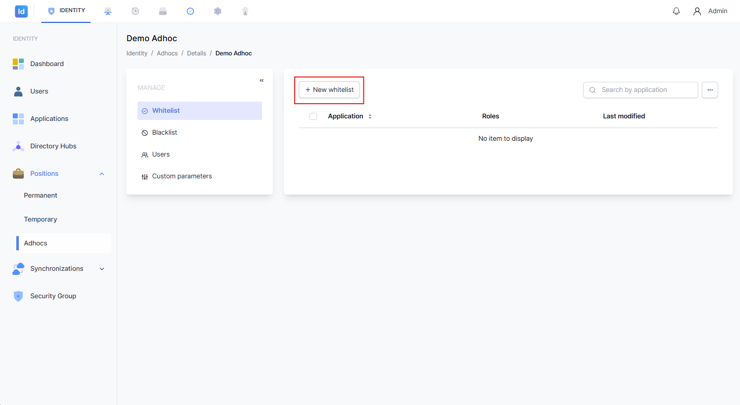 Halaman Whitelist dengan tombol '+ New whitelist' yang ditandai kotak merah sebagai tombol untuk menambahkan entri whitelist baru