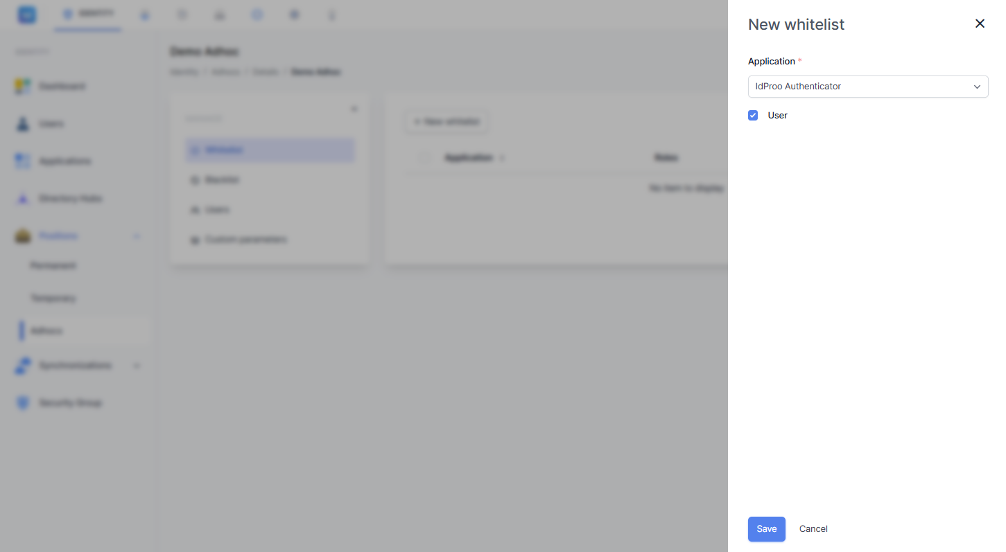 Formulir 'New whitelist' yang terbuka di sisi kanan layar, berisi dropdown Application yang terisi 'IdProo Authenticator' dan checkbox role 'User' yang sudah dicentang