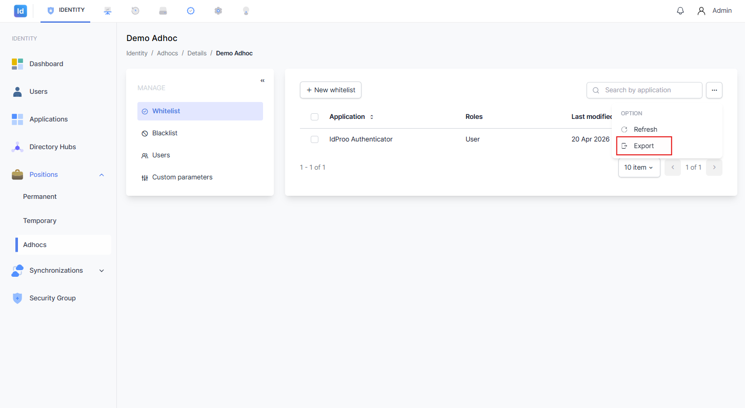 Halaman Whitelist dengan dropdown menu OPTION yang terbuka, menampilkan pilihan 'Refresh' dan 'Export', di mana opsi 'Export' ditandai kotak merah