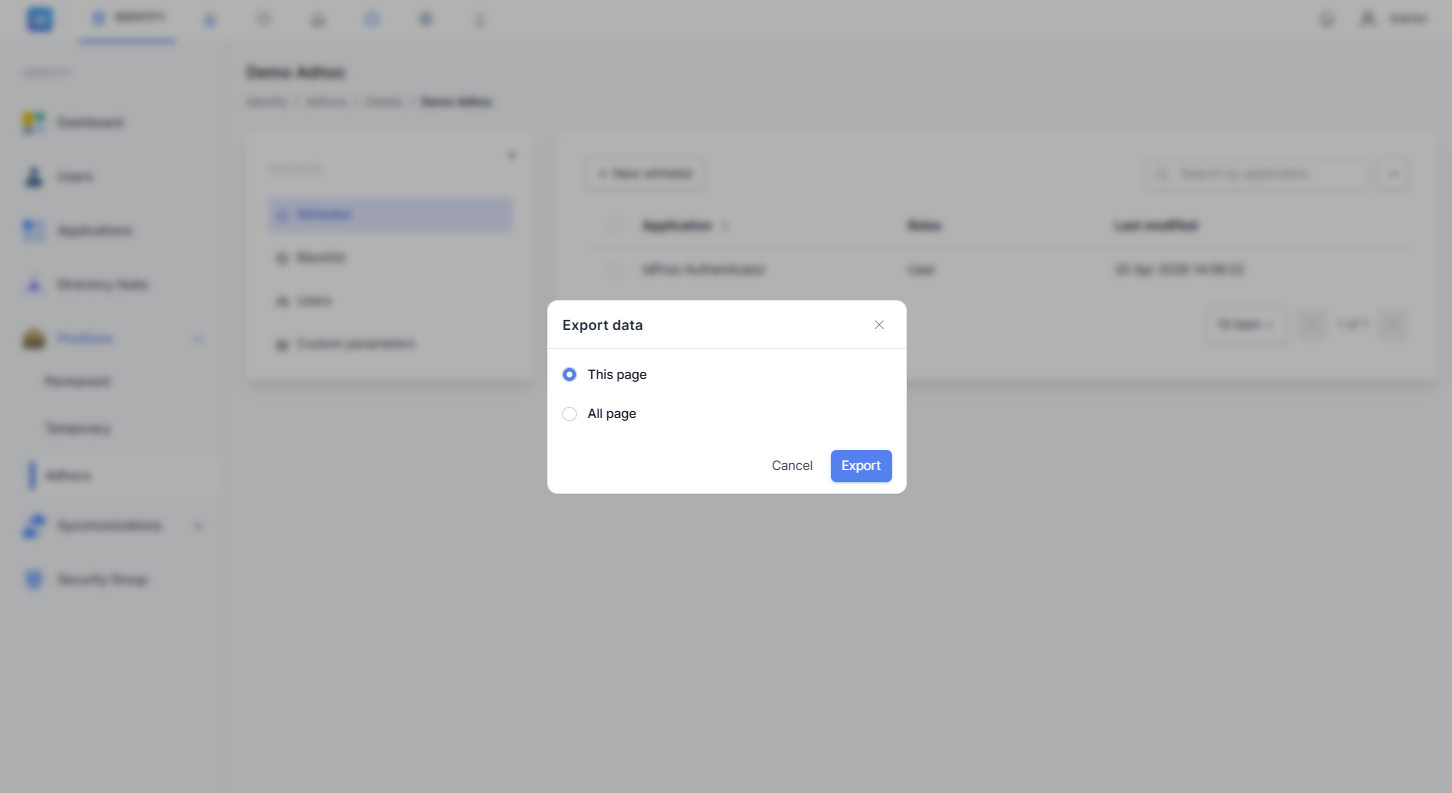 Dialog 'Export data' yang muncul di tengah layar, menampilkan dua pilihan radio button: 'This page' (dipilih) dan 'All page', serta tombol 'Cancel' dan 'Export'