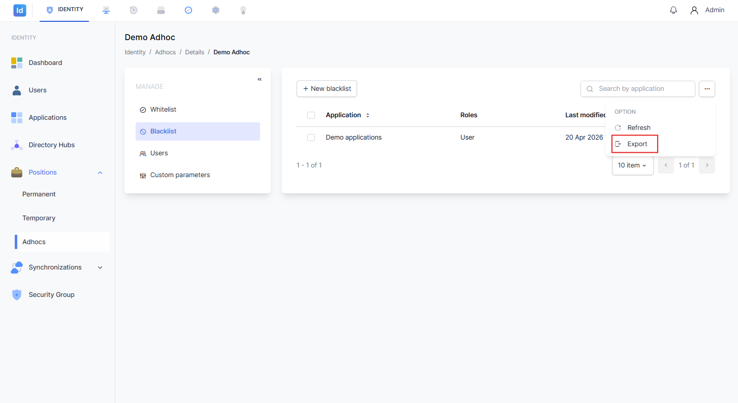 Halaman Blacklist dengan dropdown menu OPTION yang terbuka, menampilkan pilihan 'Refresh' dan 'Export', di mana opsi 'Export' ditandai kotak merah