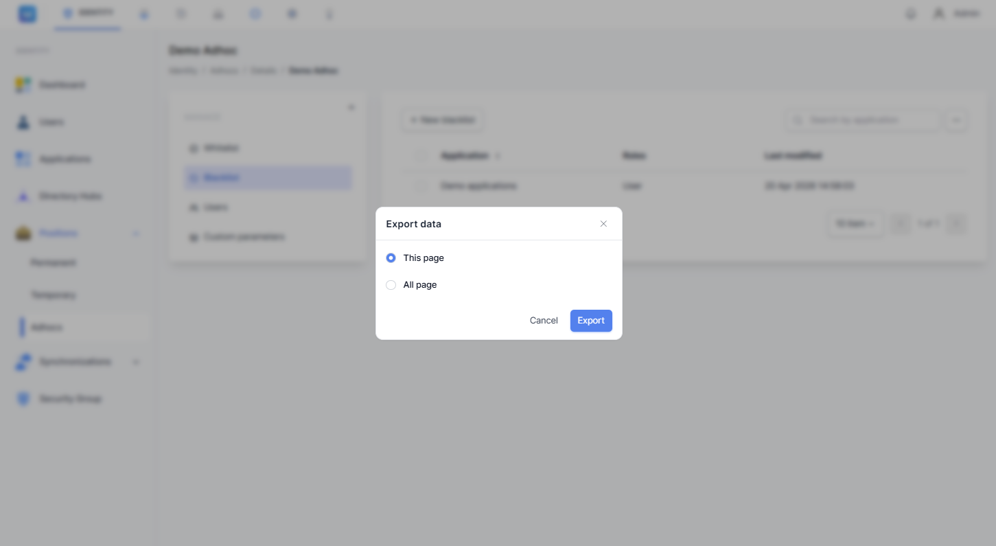 Dialog 'Export data' untuk blacklist dengan pilihan radio button 'This page' dan 'All page', serta tombol Export dan Cancel