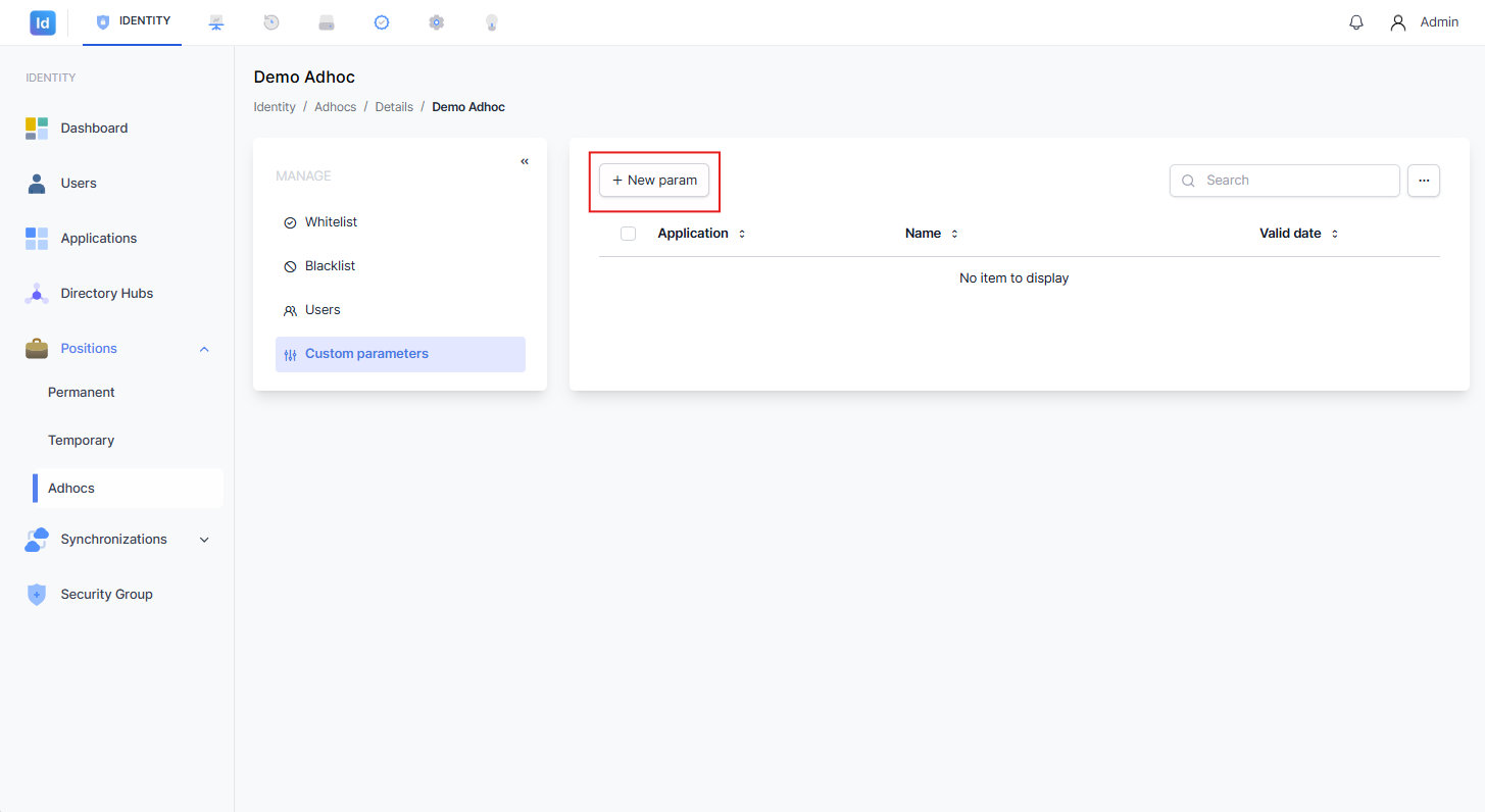 Halaman Custom parameters dengan tombol '+ New param' yang ditandai kotak merah, menampilkan tabel kosong dengan kolom Application, Name, dan Valid date