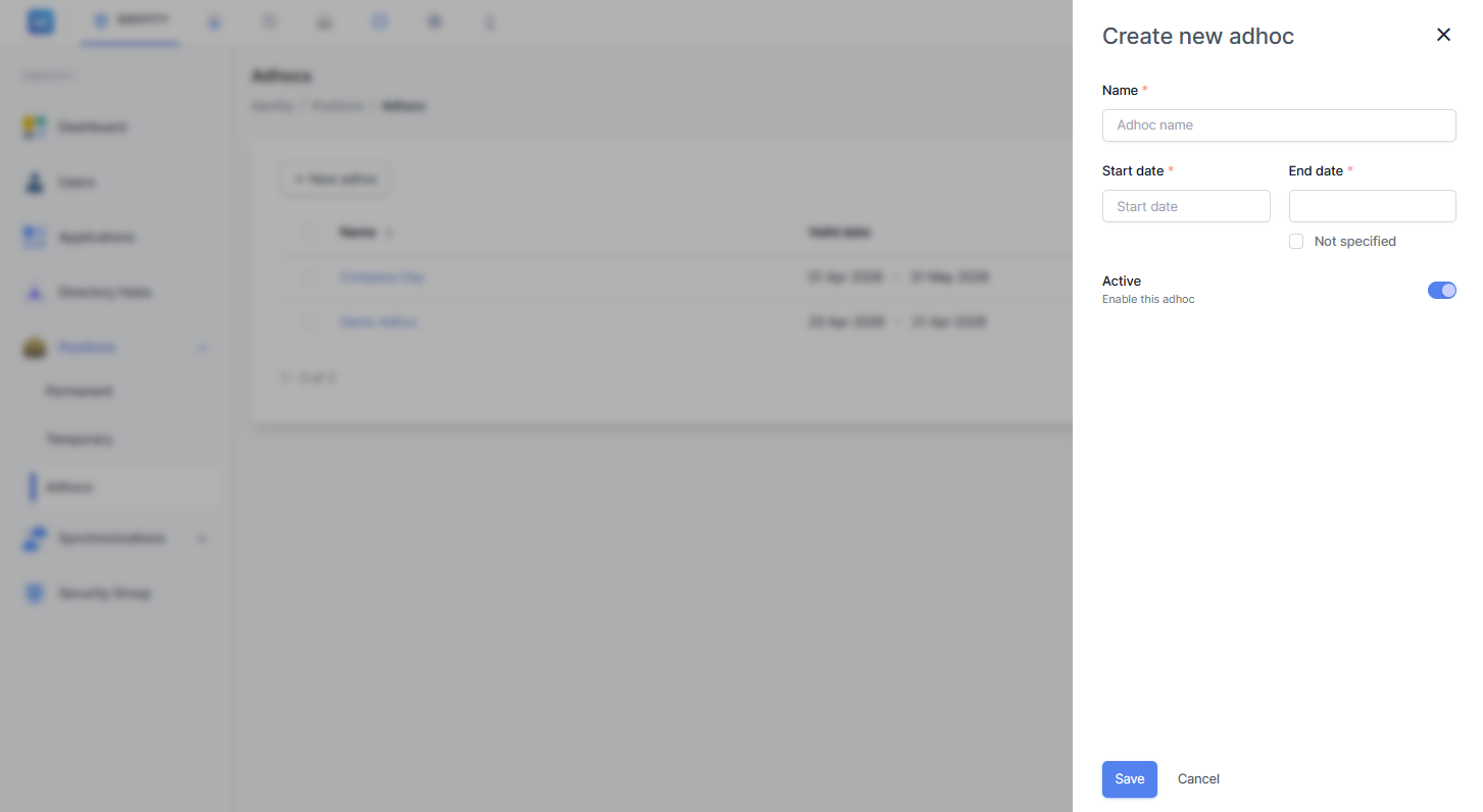 Formulir "Create new adhoc" menampilkan kolom isian Name, Start date, End date, serta toggle Active yang sudah aktif secara default.