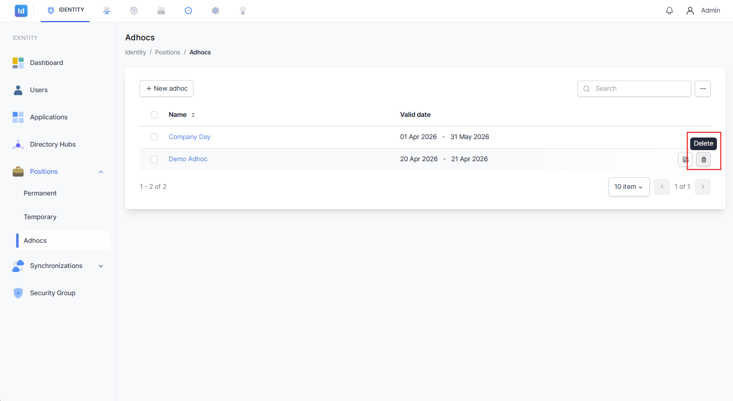 Ikon Delete (tempat sampah) disorot di sisi kanan baris "Company Day" dengan tooltip "Delete", menandakan tombol yang digunakan untuk menghapus jabatan adhoc.