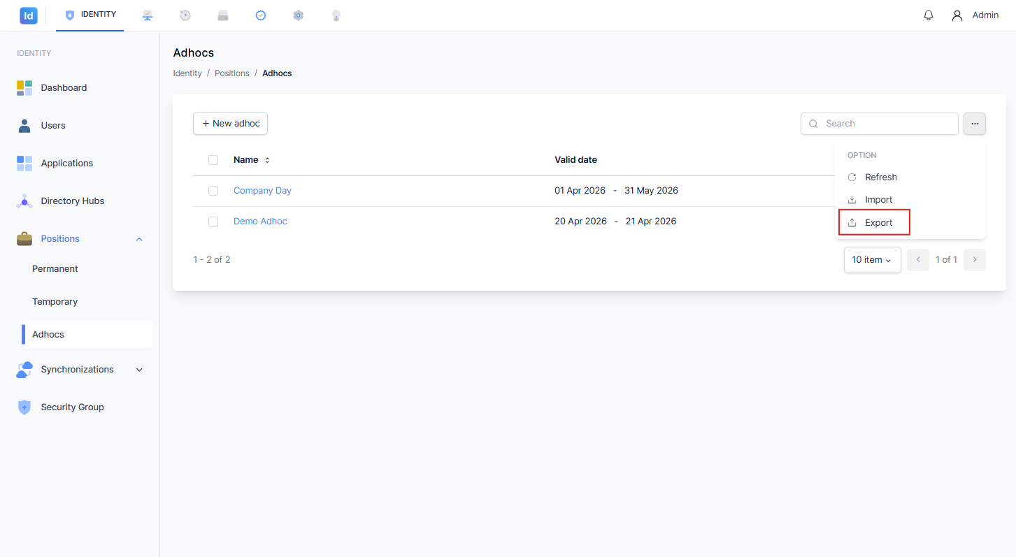 Menu opsi terbuka dengan pilihan Refresh, Import, dan Export, di mana opsi "Export" disorot sebagai langkah yang dipilih Administrator.