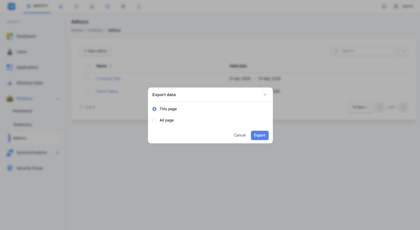 Dialog "Export data" menampilkan dua opsi pilihan: "This page" (halaman saat ini) dan "All page" (semua halaman), dengan tombol Cancel dan Export.