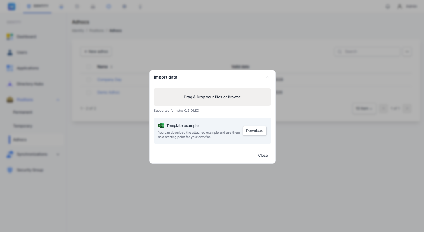 Dialog "Import data" menampilkan area Drag & Drop untuk mengunggah file, informasi format yang didukung (XLS, XLSX), serta opsi mengunduh Template example.