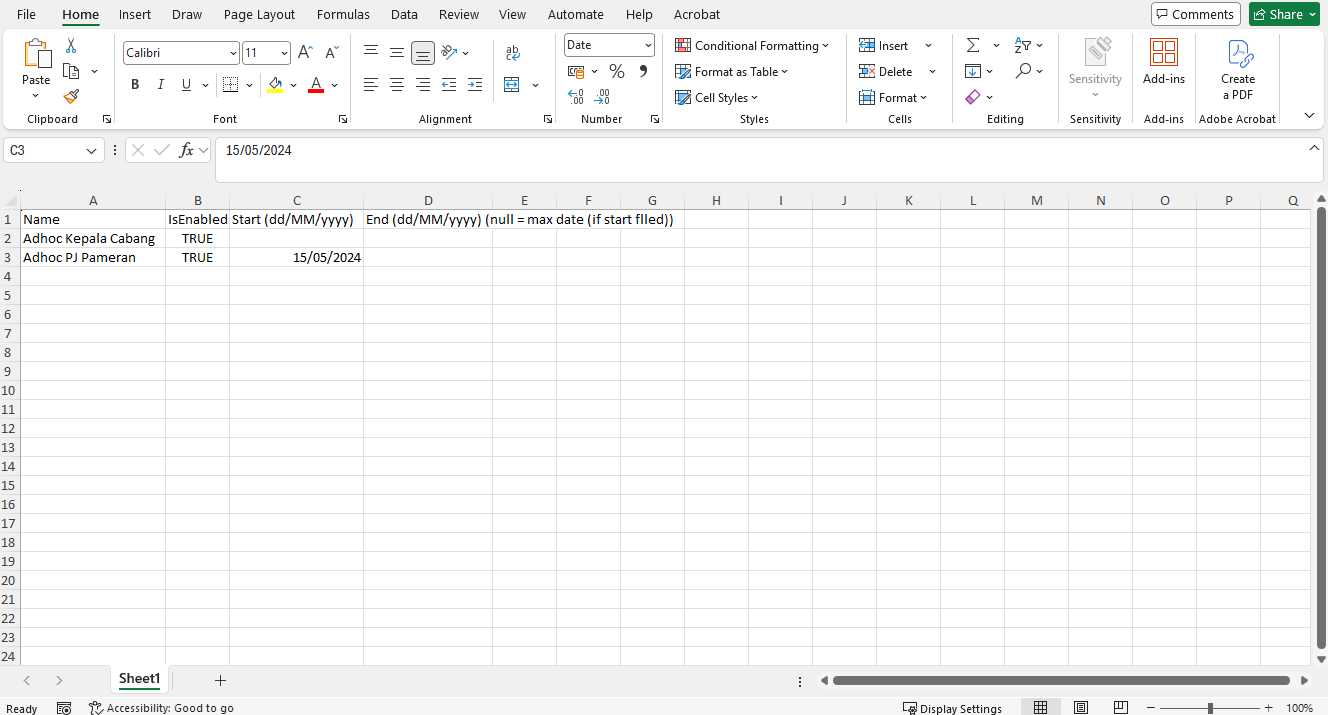 File template Import Adhoc.xlsx dibuka di Microsoft Excel menampilkan empat kolom: Name, IsEnabled, Start (dd/MM/yyyy), dan End (dd/MM/yyyy), beserta dua contoh baris data.