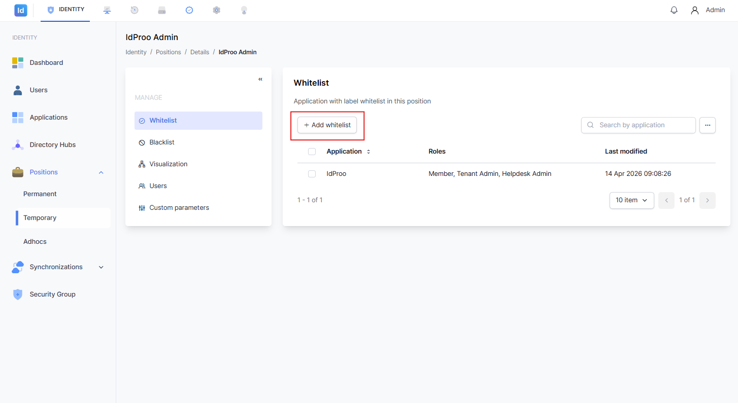 Tombol + Add whitelist disorot dengan kotak merah sebagai penanda aksi untuk menambahkan entri whitelist baru.