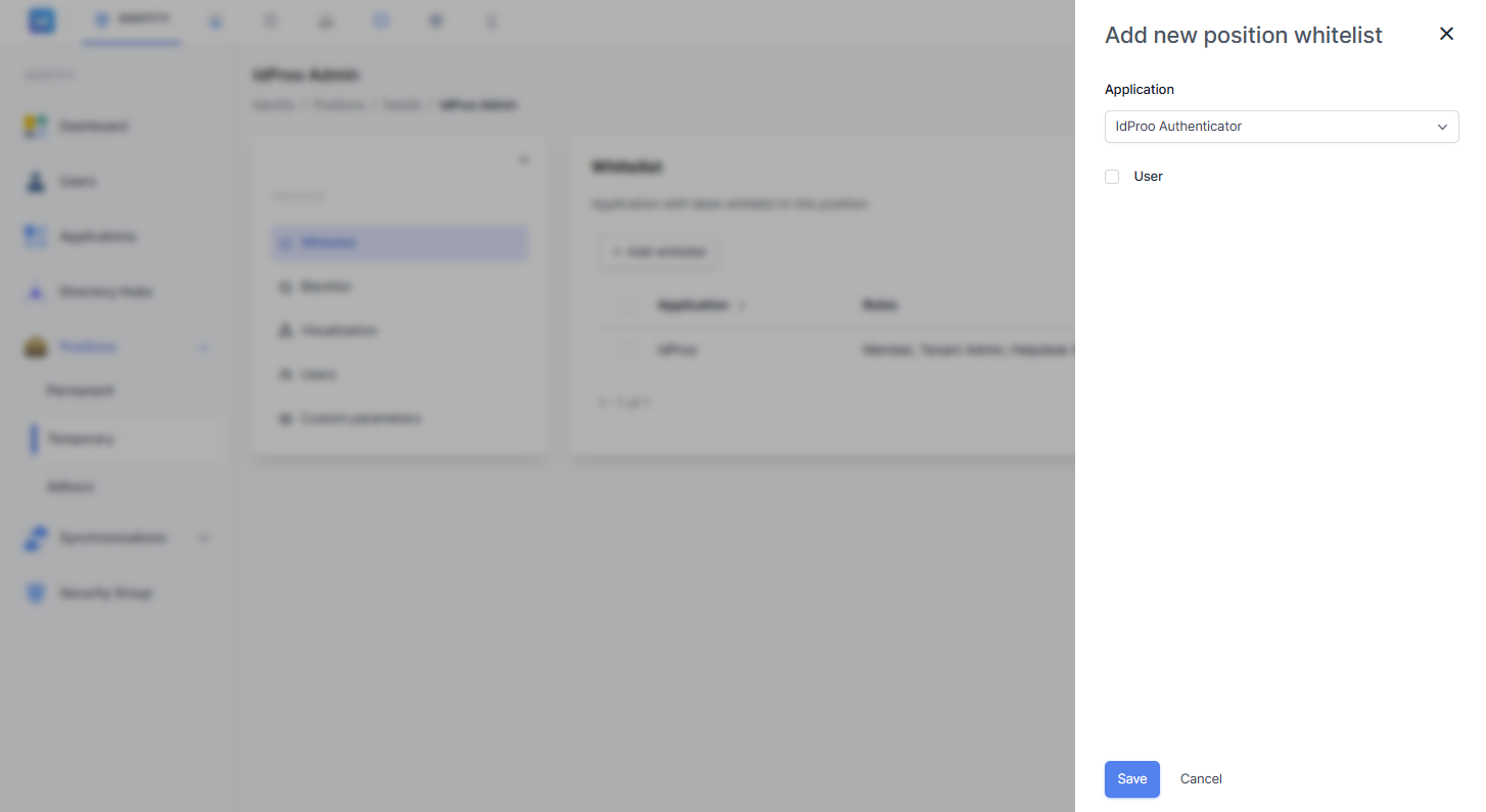 Formulir Add new position whitelist dengan dropdown Application dan pilihan role User.