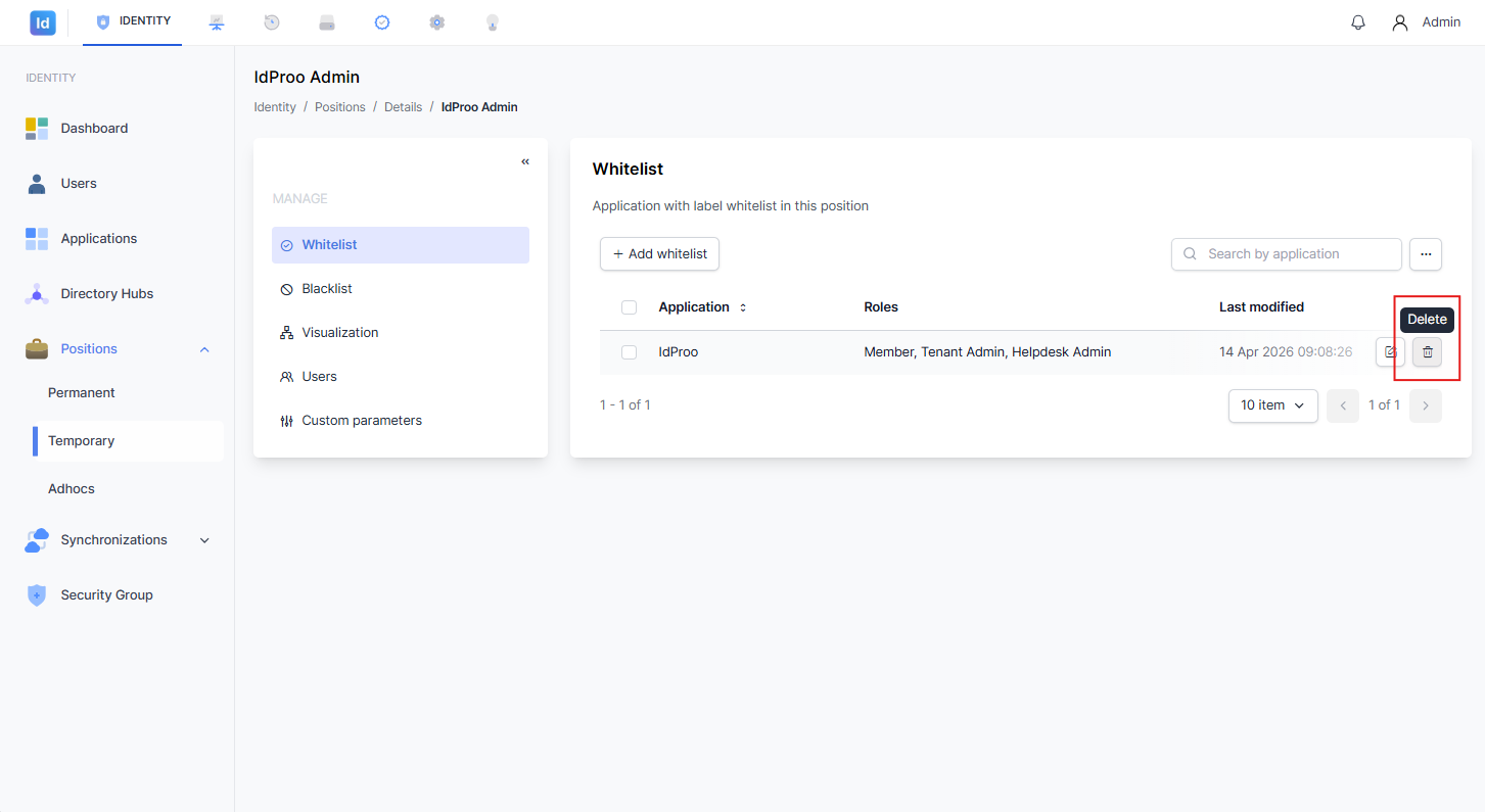 Tombol Delete pada baris data whitelist disorot dengan kotak merah, menampilkan tooltip bertuliskan Delete.