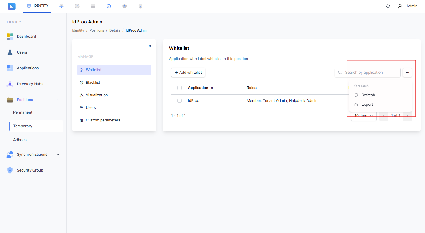 Menu dropdown Options pada halaman Whitelist muncul dengan pilihan Refresh dan Export disorot dengan kotak merah.