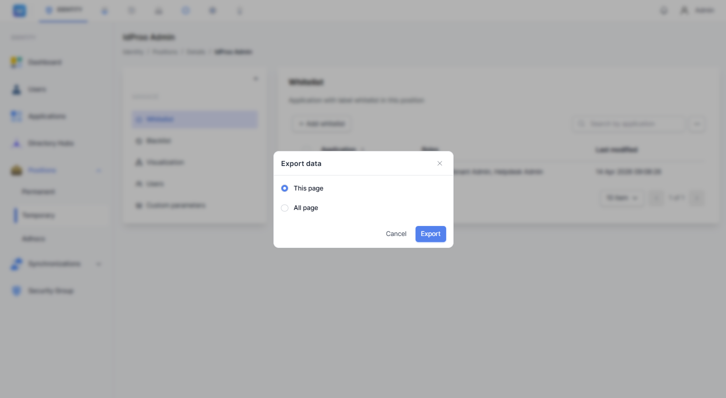 Dialog Export data menampilkan pilihan This page dan All page, dengan tombol Export dan Cancel.