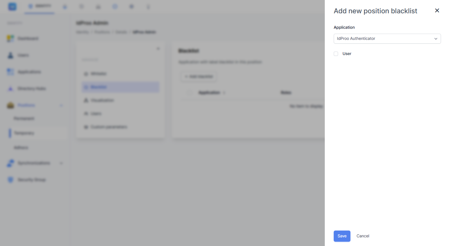 Formulir Add new position blacklist dengan dropdown Application berisi IdProo Authenticator dan opsi role User yang dapat dicentang.