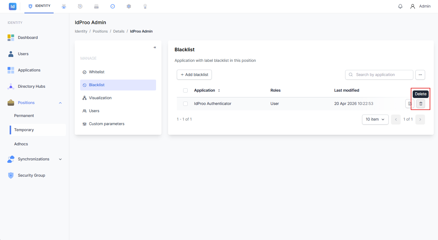 Tombol Delete pada baris data blacklist disorot dengan kotak merah, menampilkan tooltip bertuliskan Delete.