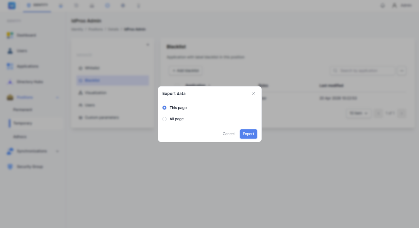 Dialog Export data pada halaman Blacklist menampilkan pilihan This page dan All page.
