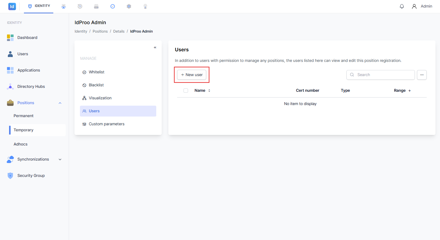 Halaman Users dengan tombol + New user disorot kotak merah. Tabel kosong menampilkan pesan No item to display.