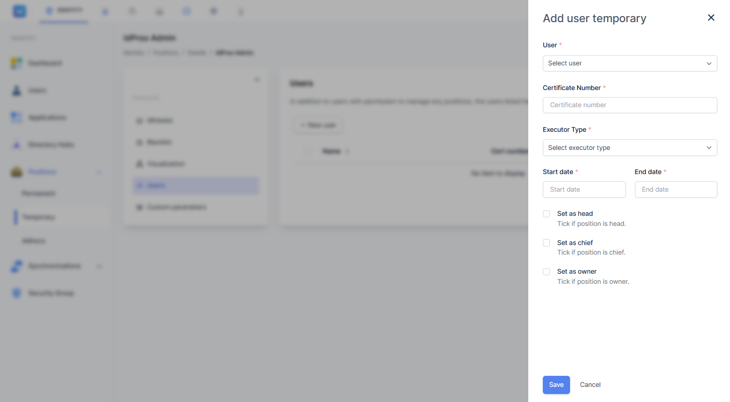 Formulir Add user temporary menampilkan field User, Certificate Number, Executor Type, Start date, End date, serta opsi Set as head, chief, dan owner.