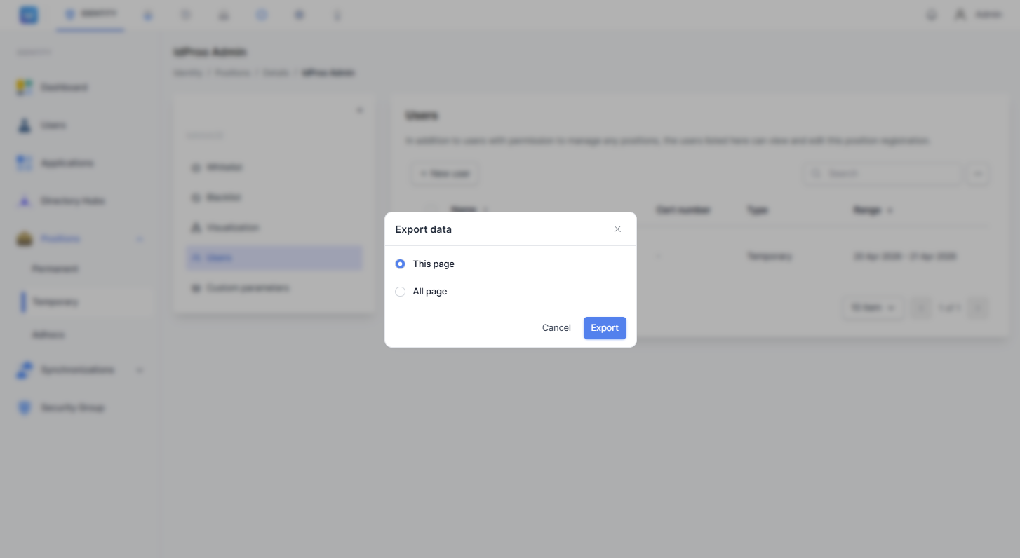 Dialog Export data pada halaman Users dengan pilihan This page dan All page, serta tombol Export dan Cancel.