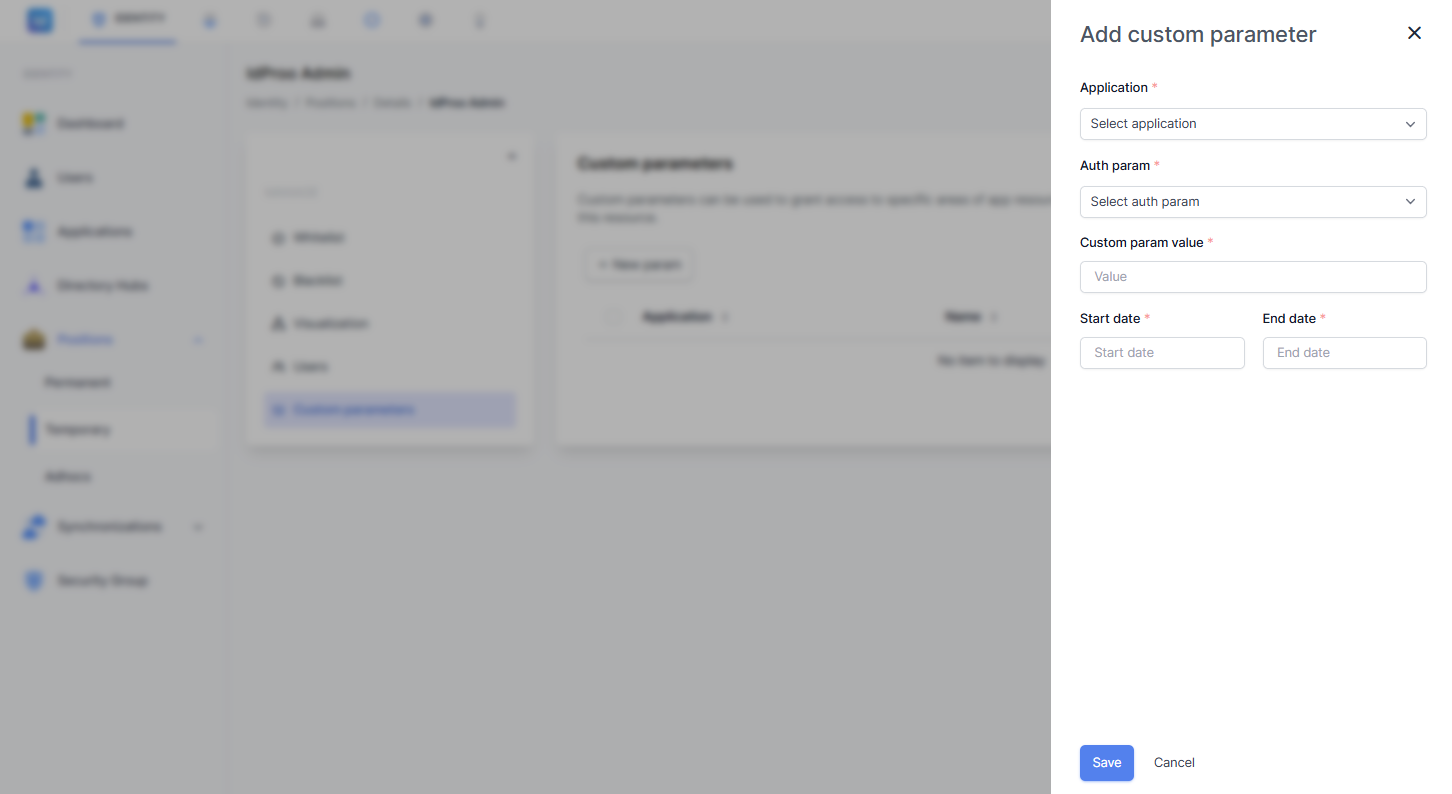 Formulir Add custom parameter menampilkan field Application, Auth param, Custom param value, Start date, dan End date.
