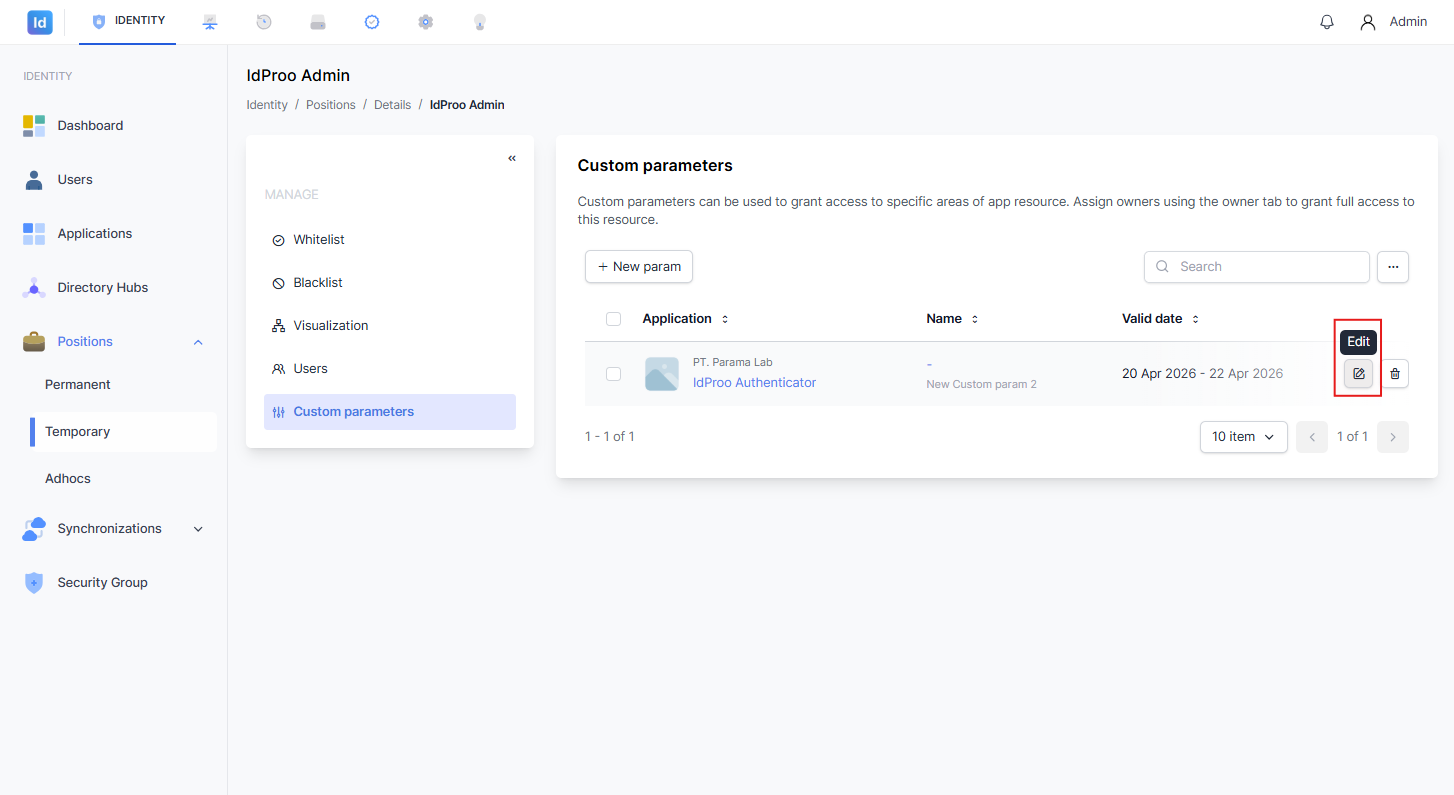 Ikon Edit pada baris data Custom parameters disorot kotak merah dengan tooltip bertuliskan Edit.
