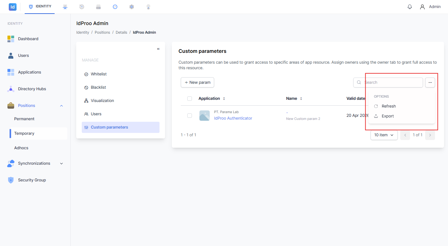 Menu dropdown Options pada halaman Custom parameters menampilkan pilihan Refresh dan Export yang disorot kotak merah.